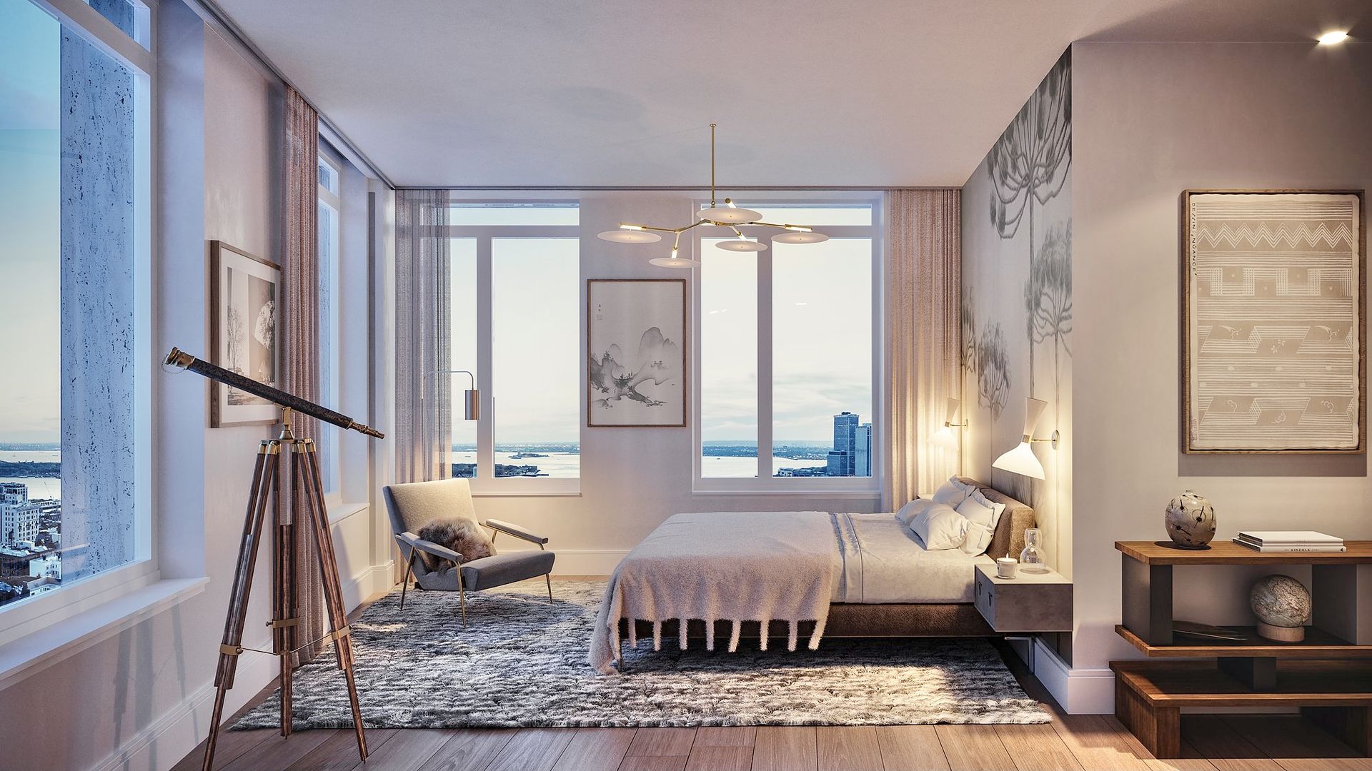 Luxury penthouse bedroom organized by Swoon Spaces in Hudson Yards New York